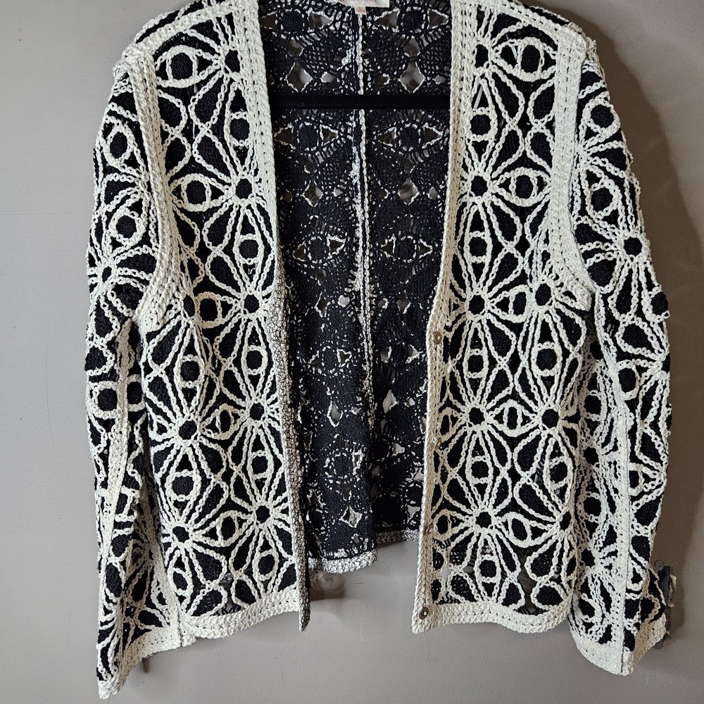 Solitaire Black White Crochet Open-Knit Cardigan Sweater Women L Long Sleeve